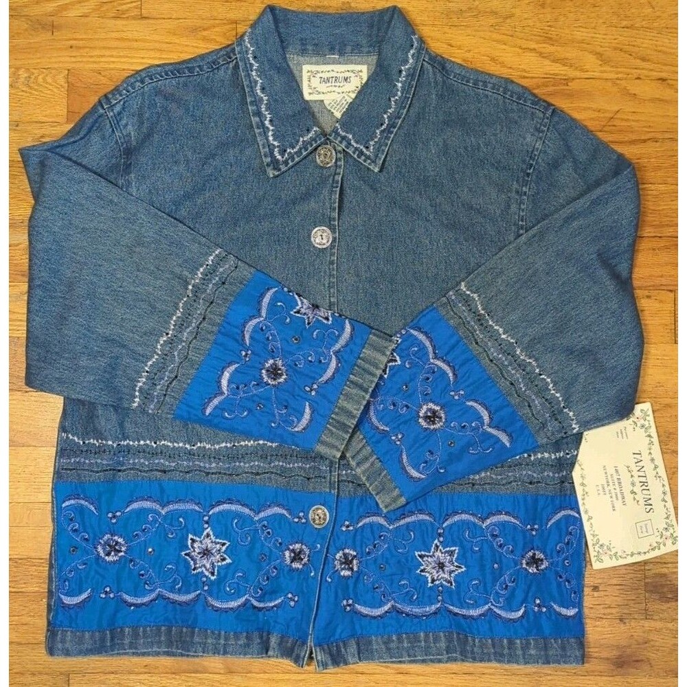 Vtg NWT Tantrums Blue Denim Jacket/Shirt LS Button Front Trim Women's Sz M New